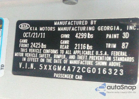 2012 Kia Optima Lx z USA, uszkodzony, nr VIN 5XXGM4A72CG016323